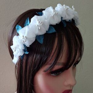 White headband with organza ribbon flowers for women and girls. for weddings.